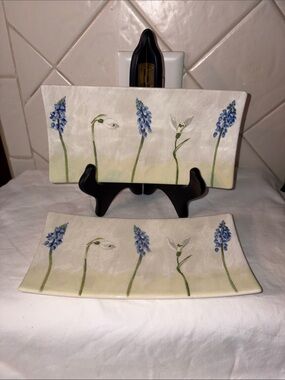 RARE Gien France Alice blue floral snowdrop flowers letter tray dish set of 2